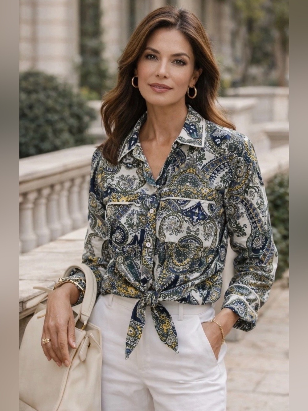 Magaschoni Blouse 100% Linen Size M Paisley Print With Braided Trim Button-Down